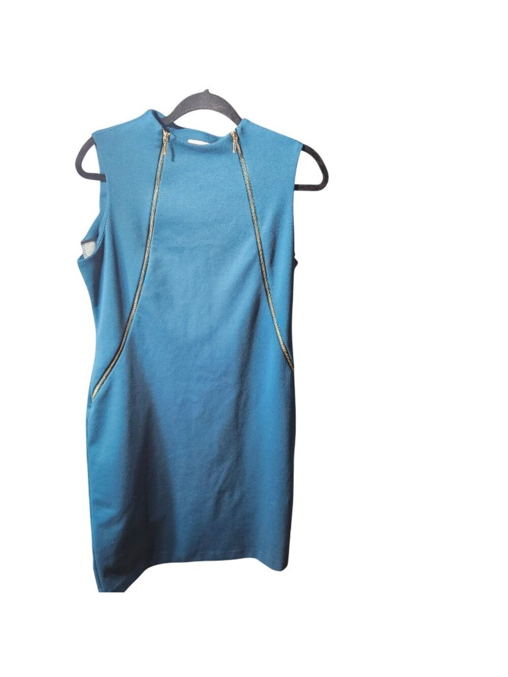Calvin Klein Teal Sleeveless Sheath Dress With Gold Zipper Accents. Size tag mis